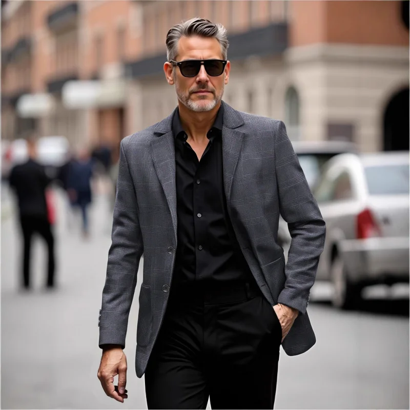 

2025 High-Quality Men's Spring/Fall Checkered Business Casual Suit Jacket with Single Row Button and Notch Lapel