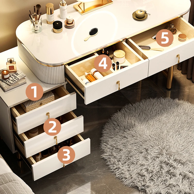 Luxury Women Vanity Table Bedroom Light Console Makeup Dressing Table Mirror Drawers Desk Organizer Penteadeira Home Furniture