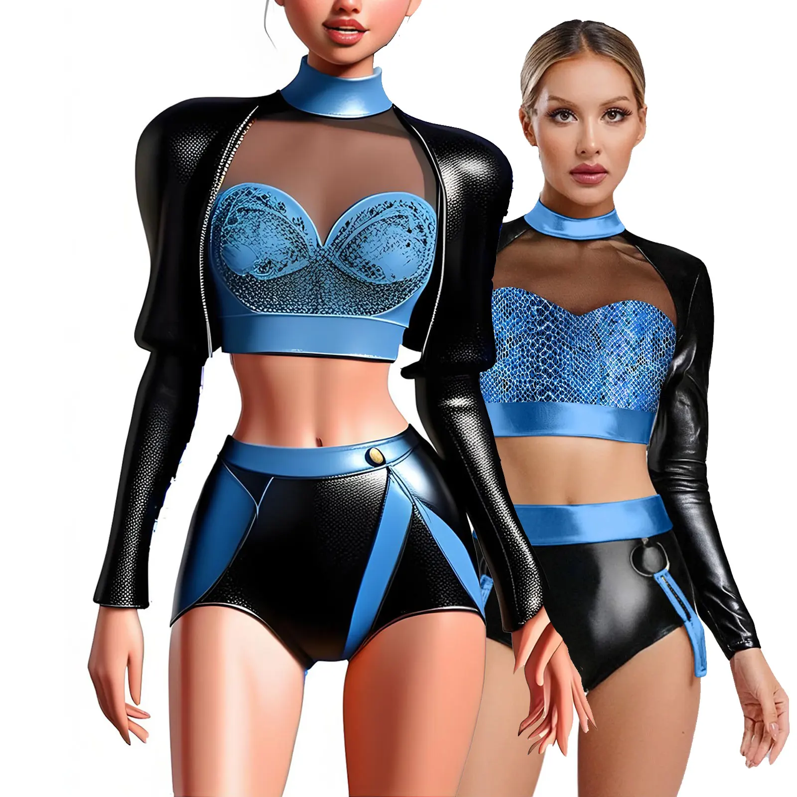 2Pcs Rave Outfits for Womens Shiny Metallic Snakeskin Print Mesh Tank Crop Top with Hot Short Club Pole Dancing Wear Outfits