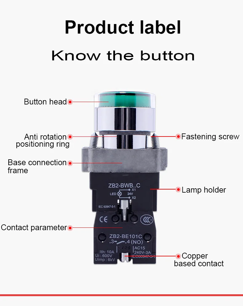 1Pcs XB2-BW3161 XB2-BW3361 XB2-BW3462 XB2-BW3561 XB2-BW3661 Metal Button With Light Self Reset/Self Lock Aperture 22mm 24V 380V