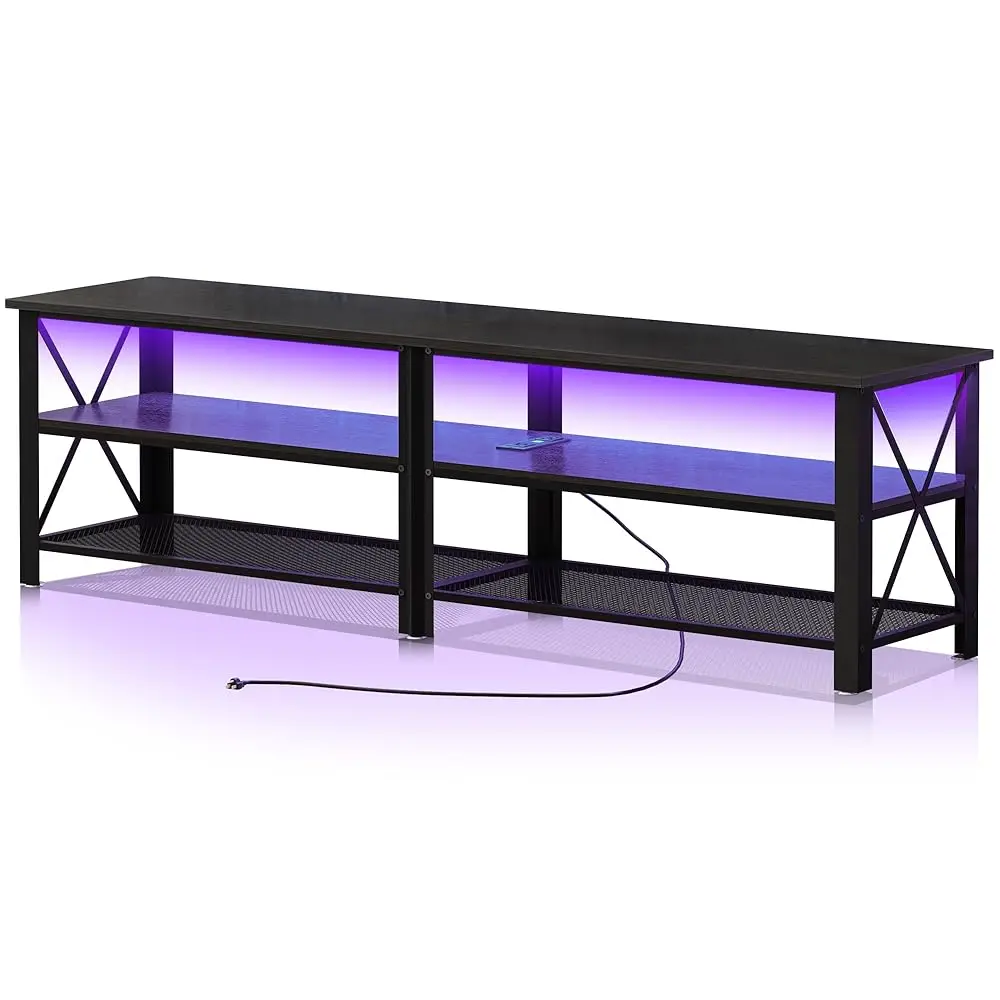 Modern Bla 71 H Metal Tv Stand With Led Lights And Power Outlets For 50 60 65 70 75 80 H Tvs, 3 Tier Teion Stands With