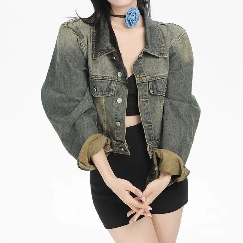 Blouse Jacket Women's Spring/Autumn Hong Kong Style Retro Denim Cropped Relaxed Fit Comfortable Minimalist Casual Fashionable