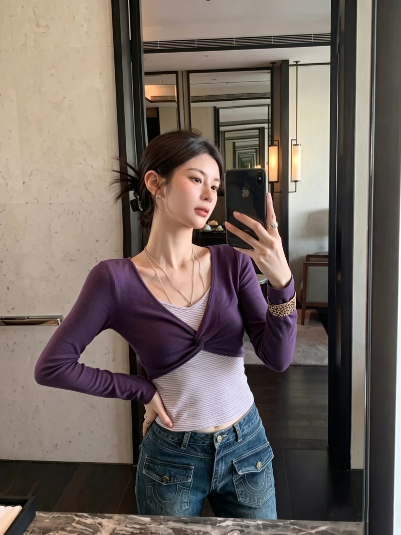 Women Fall Color‑Block V‑Neck Fake Two‑Piece T‑Shirt With Twist Knot Detail Slim Fit Long Sleeve Casual Top