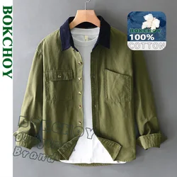2025 Spring New Loose Cargo 100% Cotton Big Pocket Shirts for Men Clothing Casual Daily Streetwear Men Tops AT754