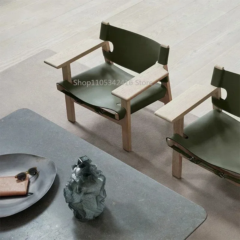Nordic Style Single Lounge Chair for Living Room, Solid Spanish Hunting Wood Frame &SaddleLeather Upholstery,DesignerAccentChair