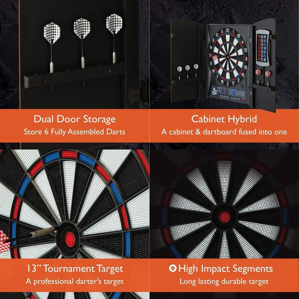 

Compact Electronic Dartboard with Storage, Dual-Color Display, and Built-In Cabinet Doors