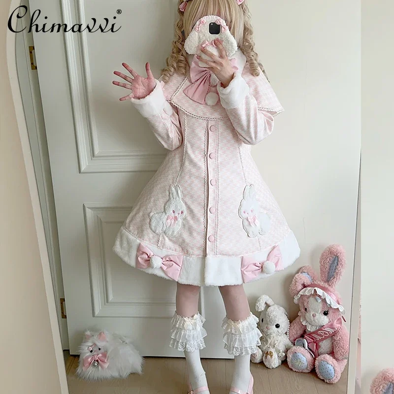 Original Sweet Girl Women's Pink Plaid Lolita Coat New Autumn and Winter Kawaii Single-breasted Cute Cotton-padded Coat Jackets