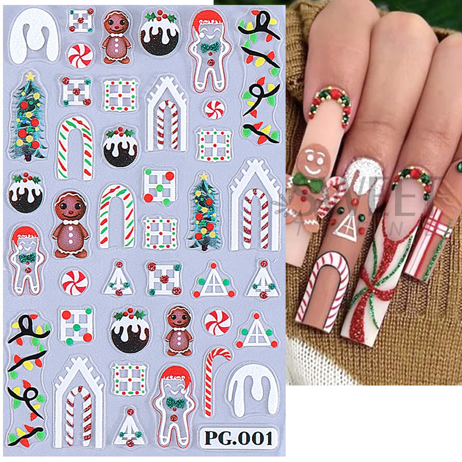 5D Red White Glitter Threaded Christmas Nail Stickers Snowflake Candy Cane Snowman Cookie Man French Plaid Sweater Winter Decor