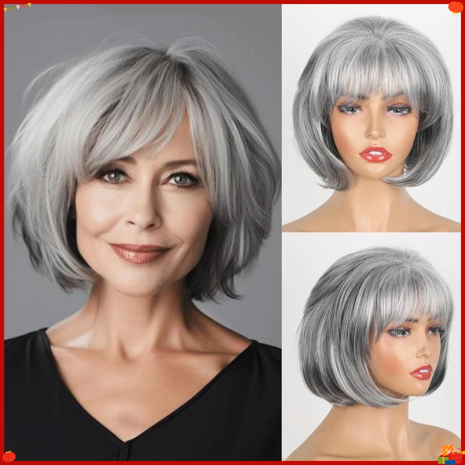 Synthetic Gray Short Wavy Bob Wig for Women, Fashion Natural Look Fiber Hair, Stylish Curly Cosplay Costume Party Daily Use