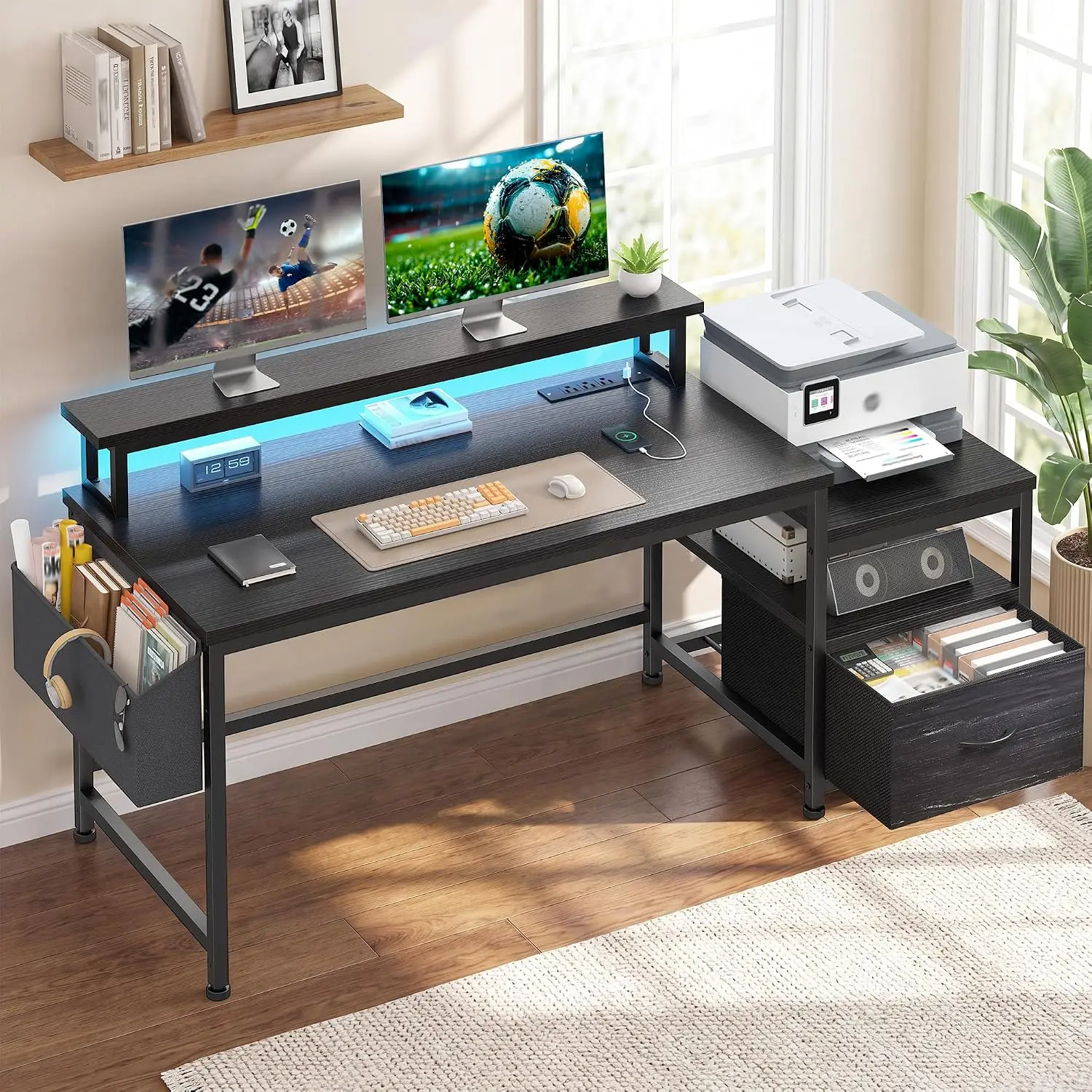 Office Desk with Drawers & Printer Shelf, 3 Outlets & 2 USB, LED Lights, Monitor Stand & Pockets, Home Office, 56.5