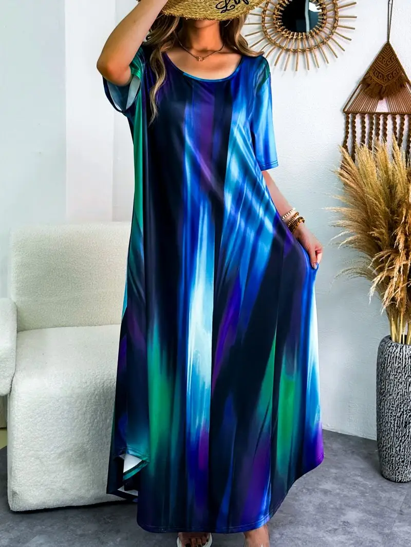 유럽과 미국 스타일의 여성 드레스3D프린트 꽃무늬 라운드 넥 반소매 드레스