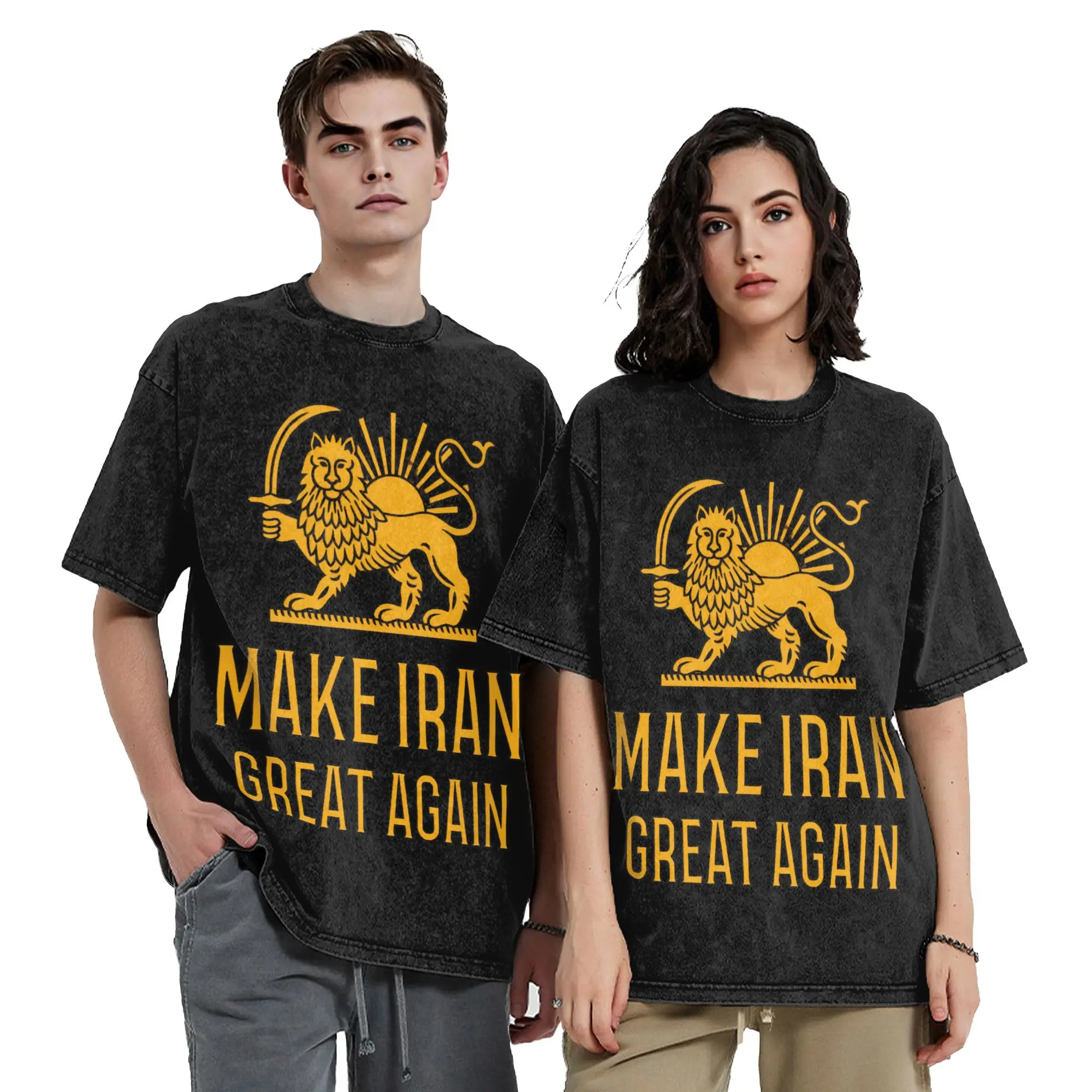 

Make Iran Great Again Lion and Sun Vintage Washed T-Shirt Unique Pure Cotton Tee Shirt Crew Neck Short Sleeve T Shirts