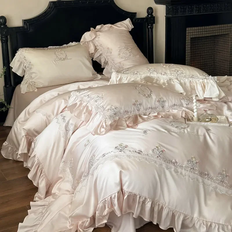 Lyocell Tencel four-piece set, French three-dimensional embroidery princess lace