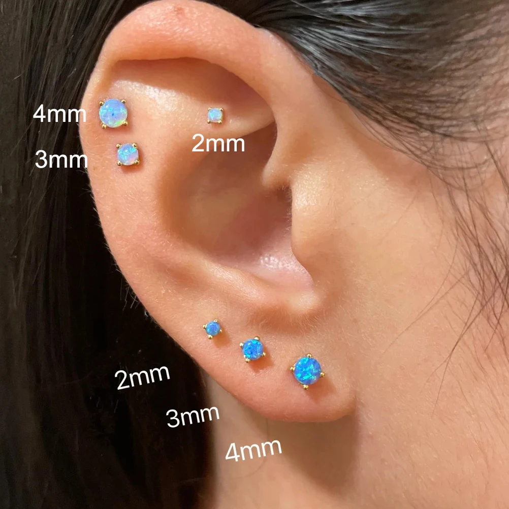 2/3/4mm Stainless Steel Blue Opal Small Stud Earrings For Women Men Tiny Ear Bone Nail Cartilage Punk Earring Piercing Jewelry