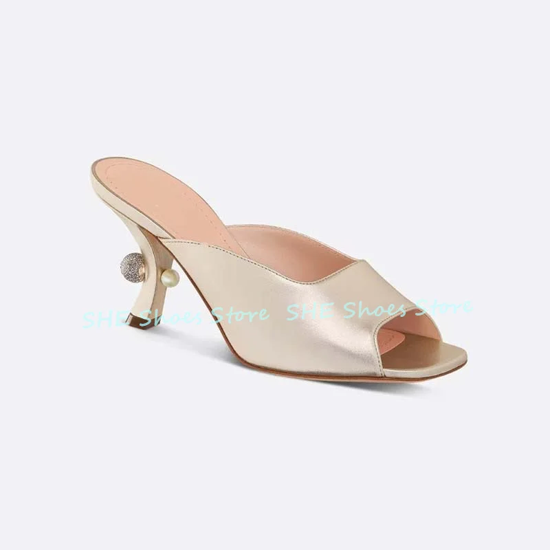 

Fashion Pearl Rhinestone Strange High Heel Women Sandals Peep Toe One-Strap Stiletto Slingback Pumps Ladies Party Dress Slippers