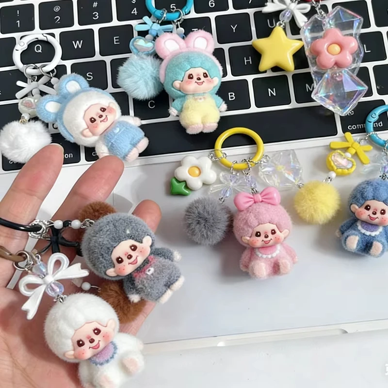 Flocking Monchichi Keychains with Bow Cute Monchichi Keychain Pendant for Bags Anime Bags Charm Keyring Girls Bag Pendant Gifts
