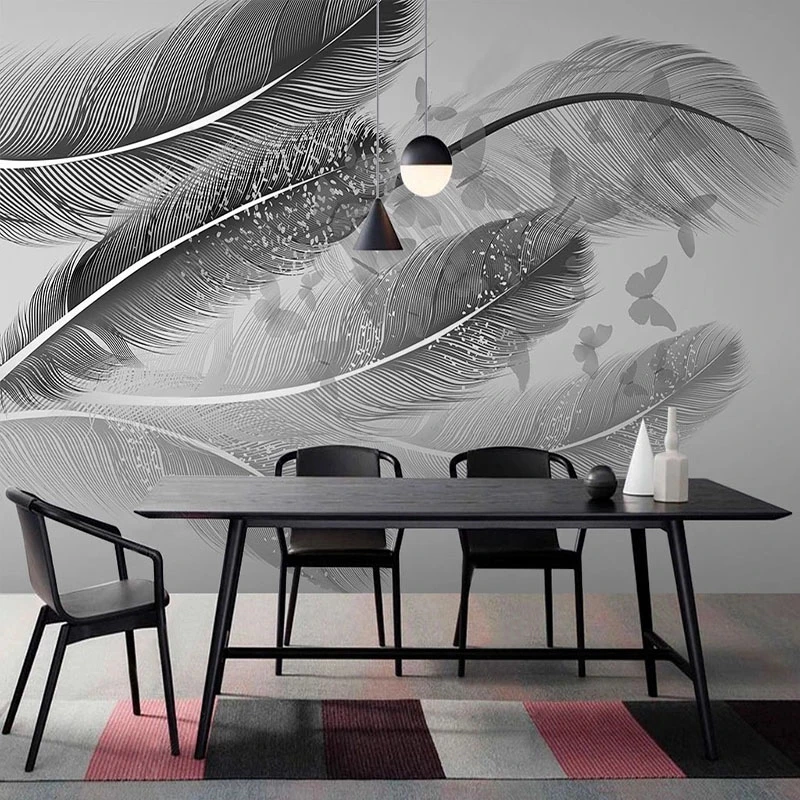 Customized Wallpaper Nordic Modern 3D Black White Gray Feather Butterfly Mural  Living room TV background bedroom restaurant 8d