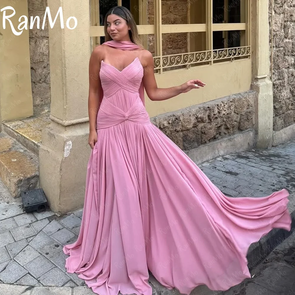 Ranmo 2025 розовое платье для выпускного вечера в форме сердца трапециевидной формы с плиссированным шарфом женское вечернее платье Саудовская Аравия торжественное свадебное платье по индивидуальному заказу