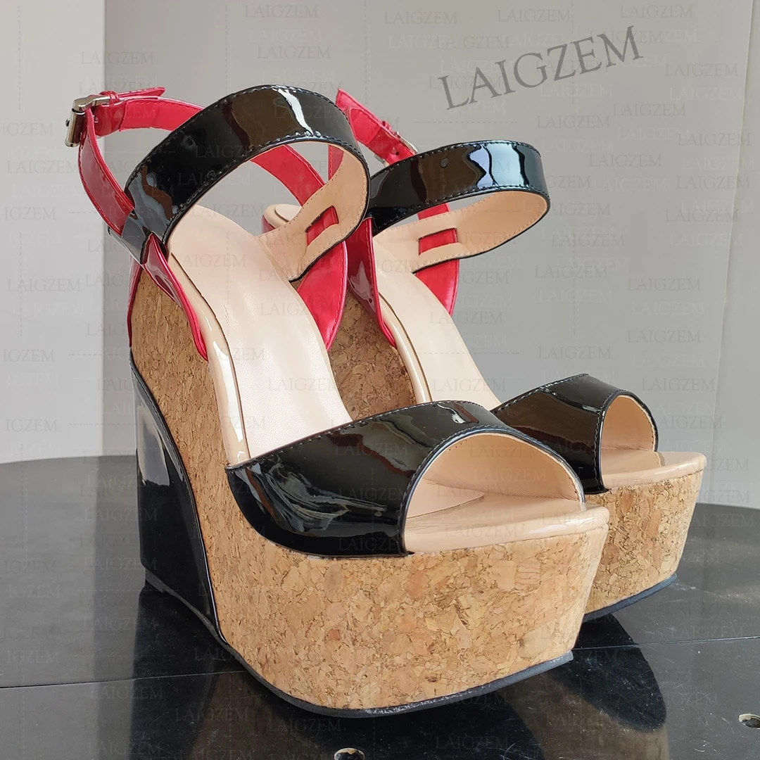 LAIGZEM Sandały damskie Platforma Peep Toe 17CM Wysokie obcasy Kliny Klamra Patchwork Błyszczące buty damskie Kobieta Duży rozmiar 38 41 45 47 48