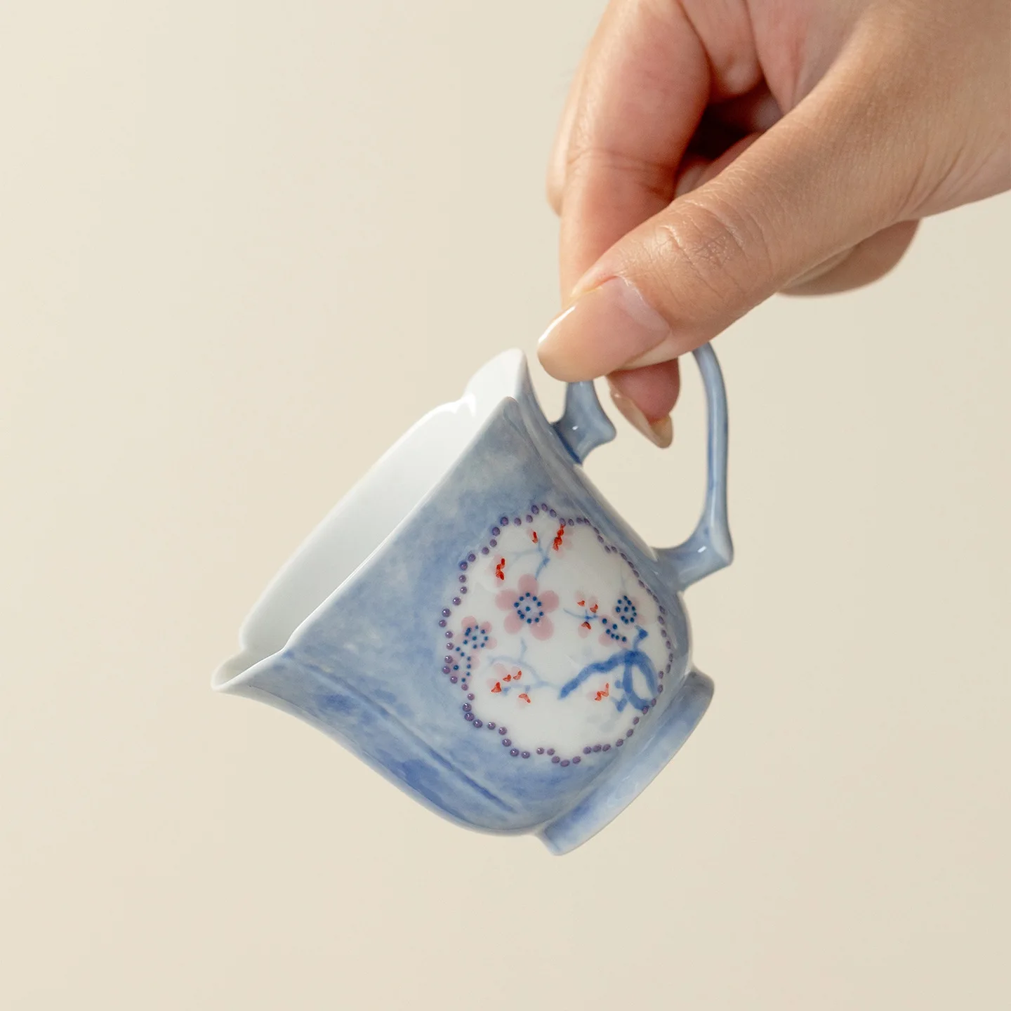 Hand‑Painted Yuni Porcelain Cup With Cut‑Out Snow Plum & Side Handle, Household Ceramic Mug, Kung Fu Master Cup for Tea & Coffee
