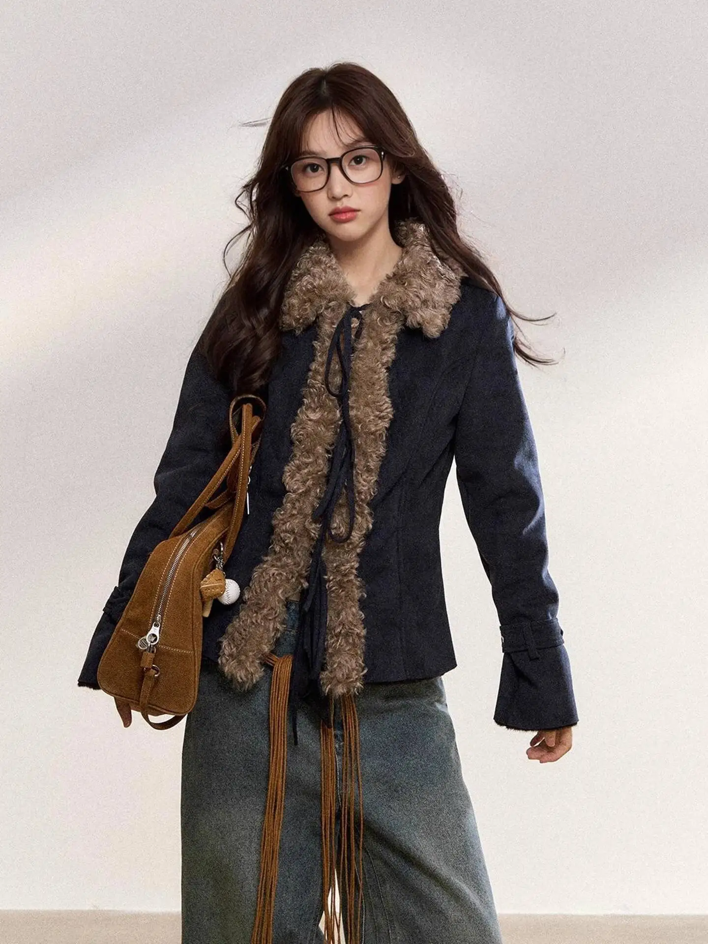 

Women Coat 2025 Autumn Winter Faux Fur Patchwork Jacket Retro Imitation Suede Jacket Women's Blue Slim Fit Fashion Outerwear