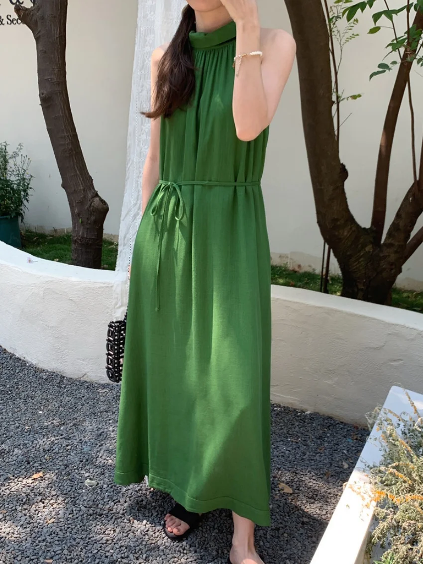 

Alien Kitty Retro Green Halter Long Dress Women Gentle Summer Daily 2025 New Slim Holiday Beach Loose Solid Fashion Casual