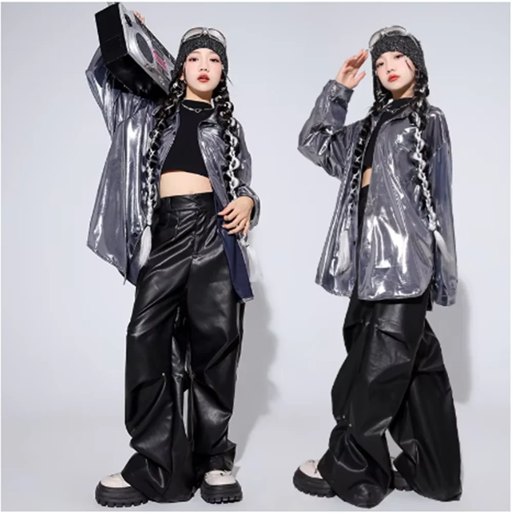 Costume da ballo jazz per ragazze Bambini Hip Hop Camicia argento Gilet nero Pantaloni in pelle Abbigliamento da ballo di strada Sfilata di moda Abbigliamento da palcoscenico YJ008