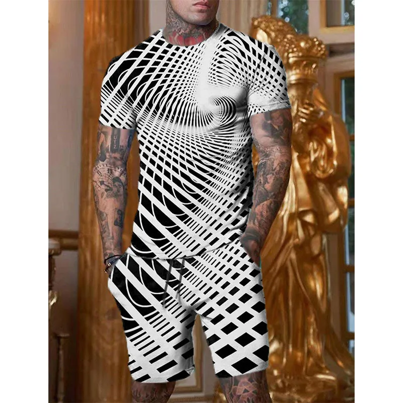 

Funny 3D Optical Stripe Print Men's Sets Summer Casual O-neck Short Sleeve Shorts 2 Piece Outfit Street Hip Hop T-Shirts Suit