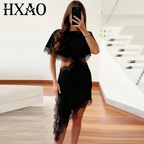 Imagen 2 del producto HXAO-vestido negro recortado para mujer, vestido Midi asimétrico de encaje con manga tipo capa, vestidos de fiesta elegantes, vestido de cóctel Sexy de lujo para mujer