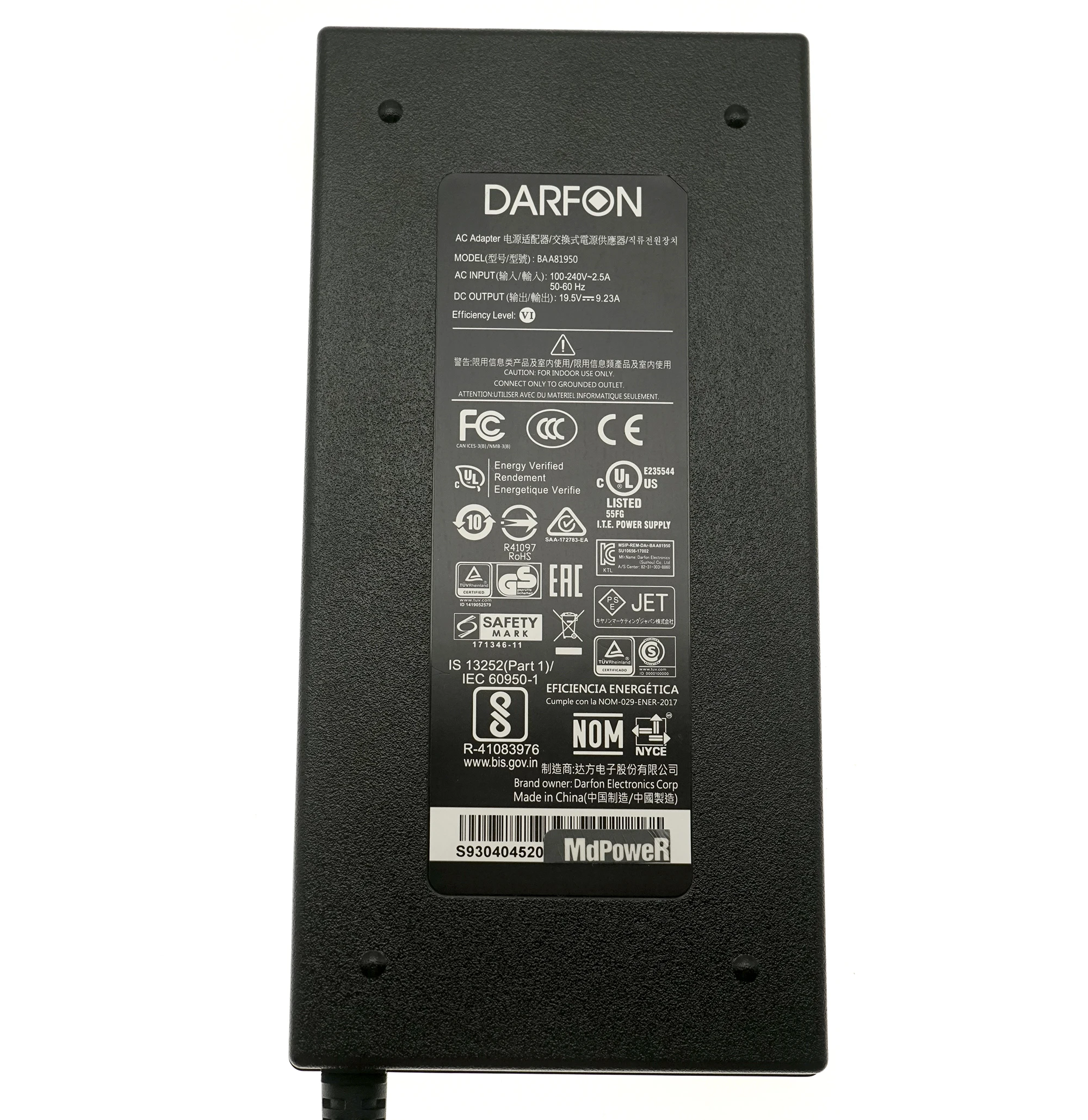 Genuine DARFON BAA81950 19.5V 9.23A 180W AC Adapter Charger For MSI Creator 17M A10SE-205NL A10SE-210ES A10SE-225FR Power Supply