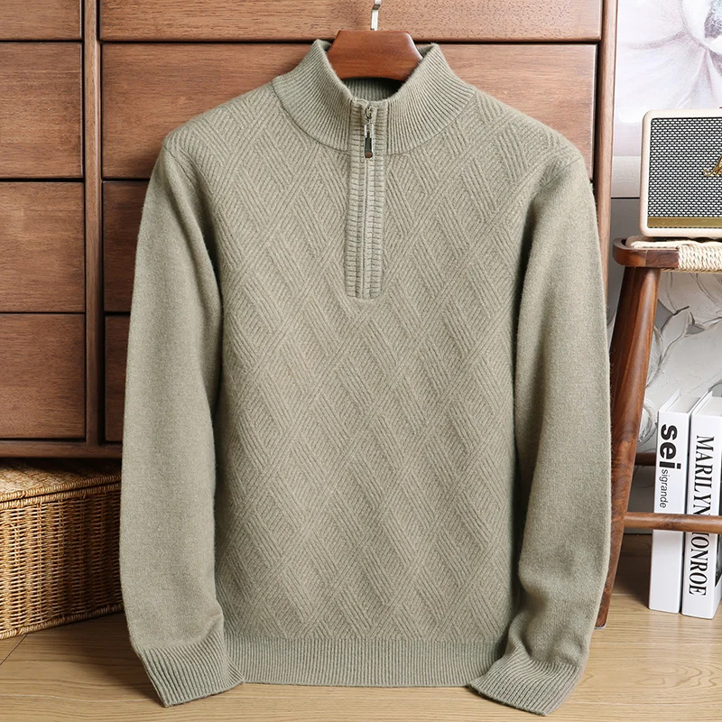 Autumn Winter New Men\'s Pullover Thickened Warm Striped Jacquard Zipper Half High Collar Korean Fashion Casual Knitted Sweater24