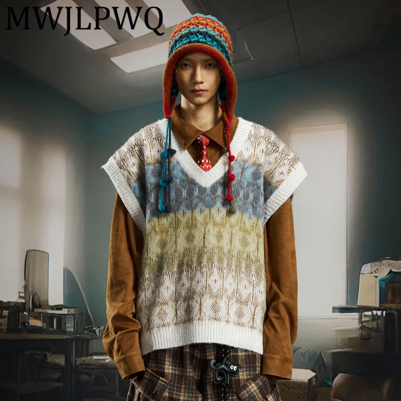 

MWJLPWQ мужской свободный вязаный жилет с v-образным вырезом, свитер с короткими рукавами, осень-зима, новые повседневные топы унисекс 12544