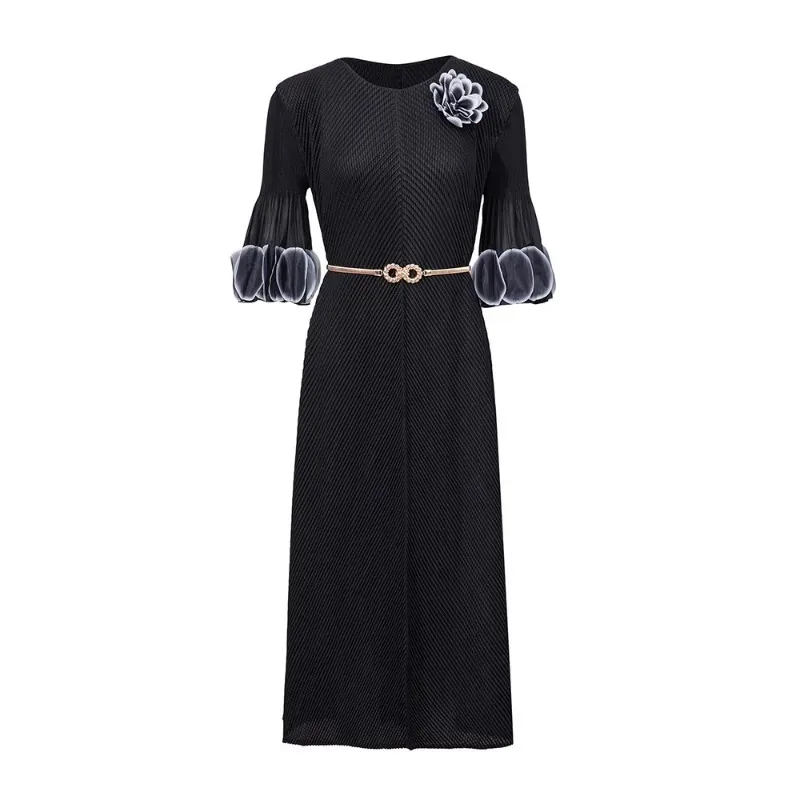 Miyake-vestido plisado de Color liso para mujer, vestido largo elástico holgado y fino drapeado europeo de talla grande, ropa para ir al trabajo en la oficina