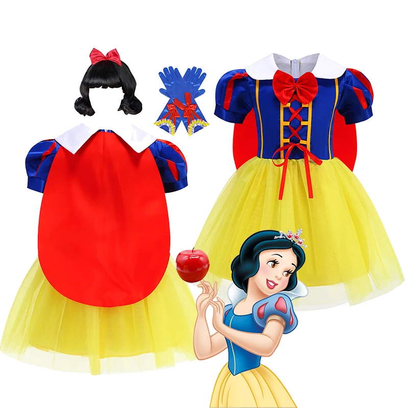Robe de princesse blanche-neige Disney pour filles, Costume avec Cape, couvre-chef, Halloween, carnaval, fête d'anniversaire, Cosplay, vêtements pour enfants