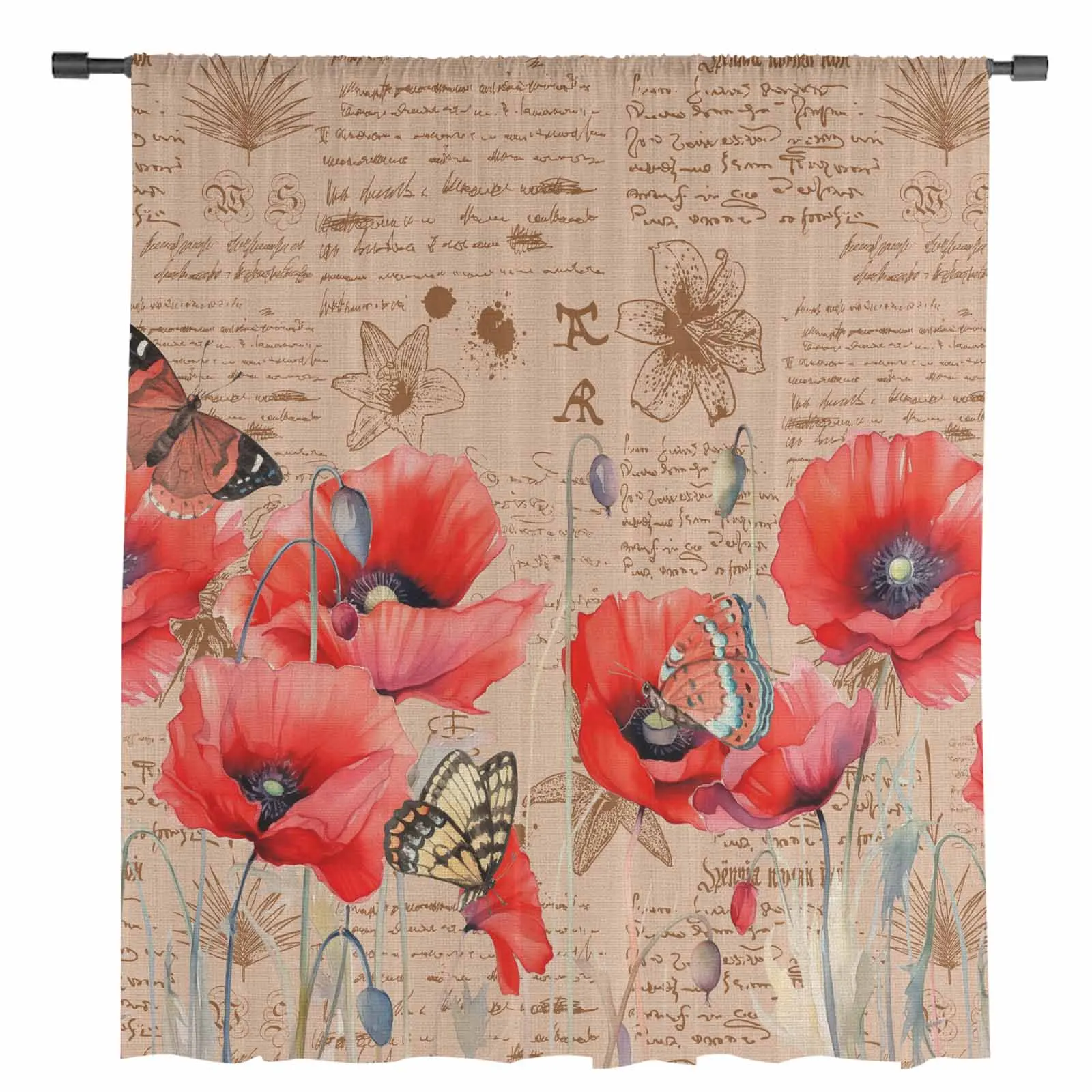 Poppy Flower Retro Butterfly Tulle Curtains for Living Room Bedroom Modern Chiffon Sheer Voile Kitchen Window Curtain