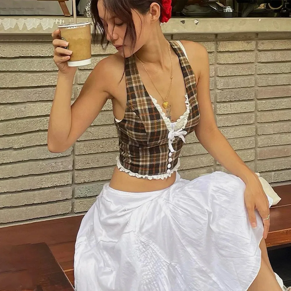 Women's Halterneck Plaid Print Crop Top V-neck Backless Lace Slim Tank Top with Bow Embellishment