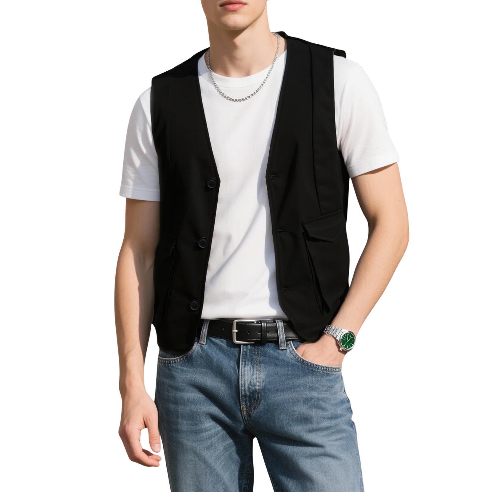 Men Solid Black Slim Fit V Neck Single Breasted Sleeveless Waistcoat Casual Business Daily Gentleman Vest With Double Pockets