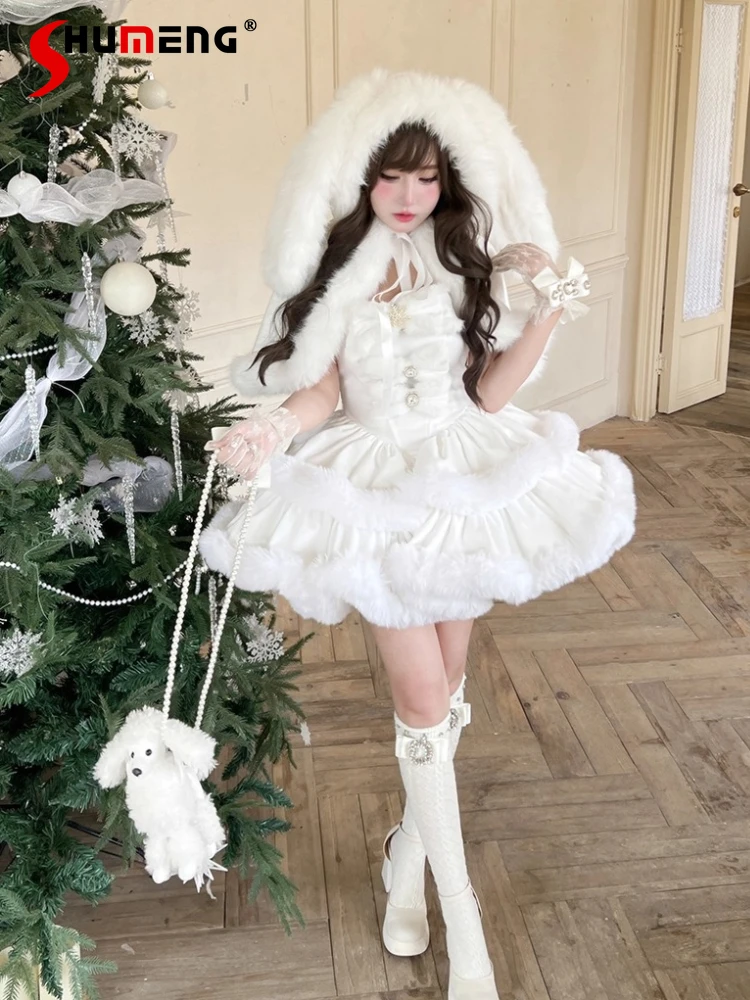 

Christmas Party Ball Gown Dresses Cape Set Girls Sweet Bow Birthday Dress Rabbit Ears Ears Hooded Cloak Winter Plush Warm Dress
