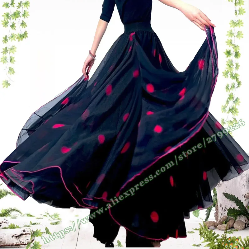 2026 Summer  Flowy Black  Elegant Red polka dot mesh Women's Skirts Dance Full Circle Skirt women