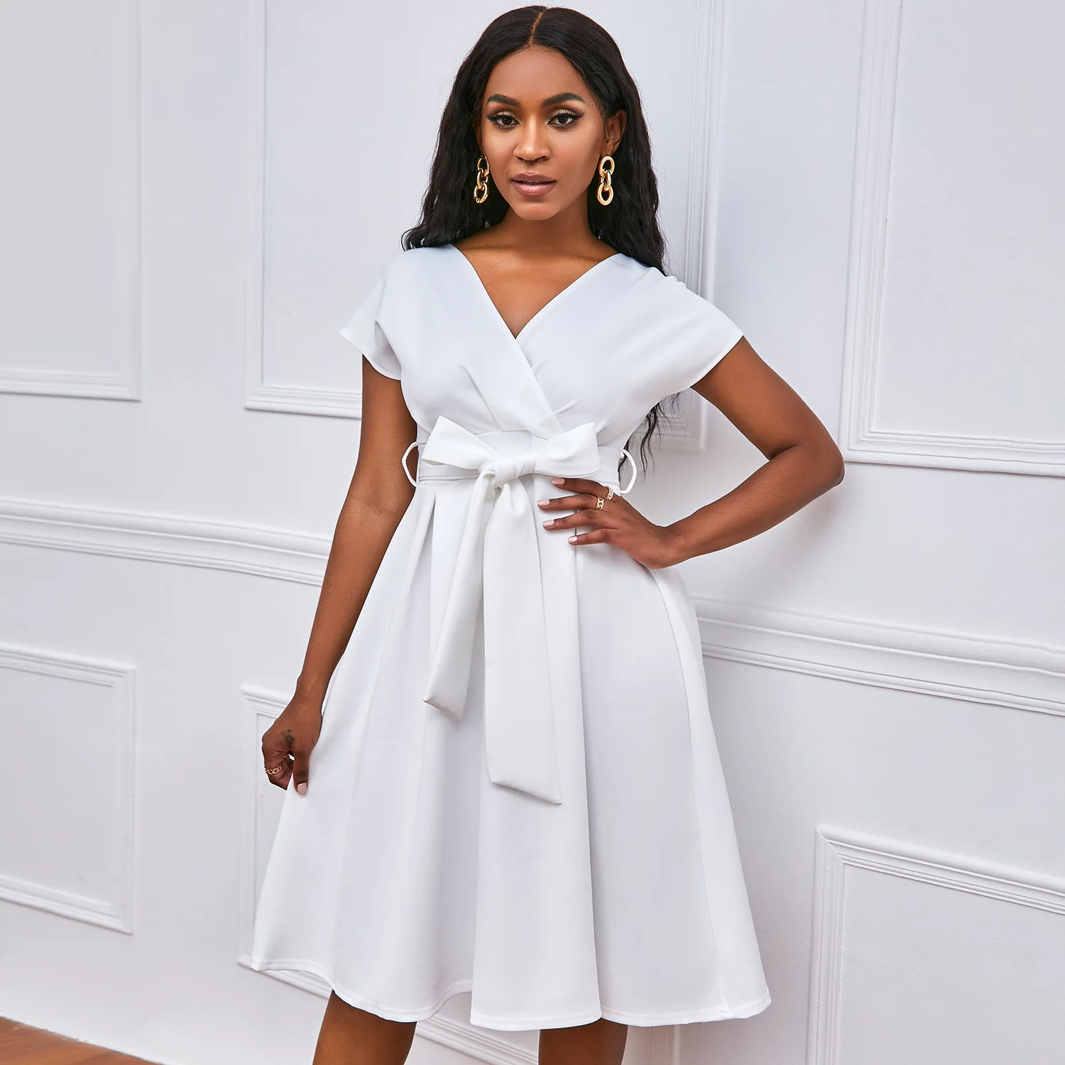 Summer V-neck Solid Color Waist-cinching Bow Tie Big Hem Dress