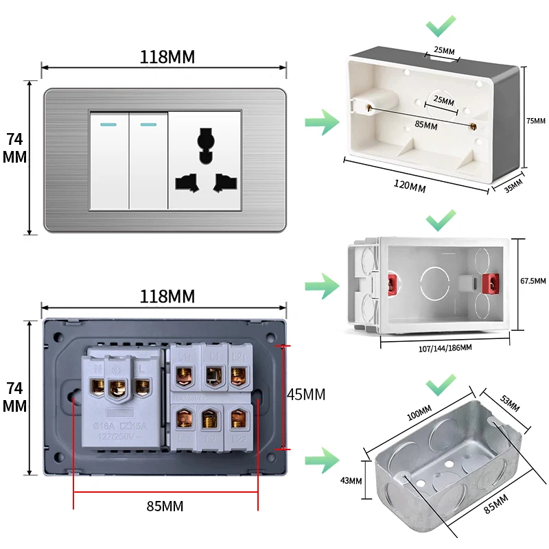 Stainless Steel Light Wall Push Button Switch On Off EU BR US Universal Standard Power Socket with Type-c USB Charging Outlets