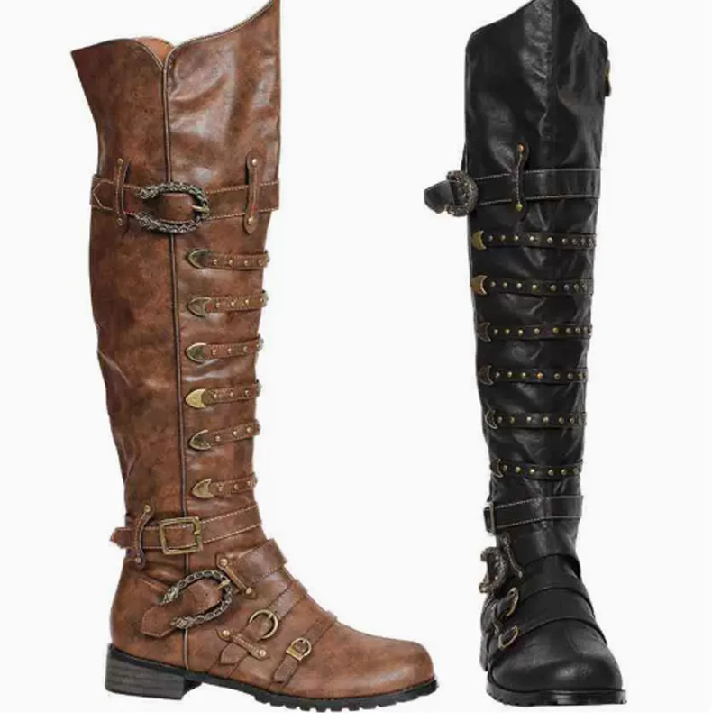 

Men's Brown Multi Buckles Rivets Side Zipper Knee High Boots 2026 Black Round Toe Chunky Heels Punk Gothic Boots for Men
