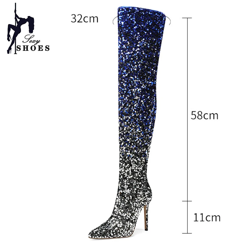 New Style Gradient Sequin Side Zipper with Pointed Toe High Heel Over Knee High Boots for Women Exotic Dancer Boots Shoes Women