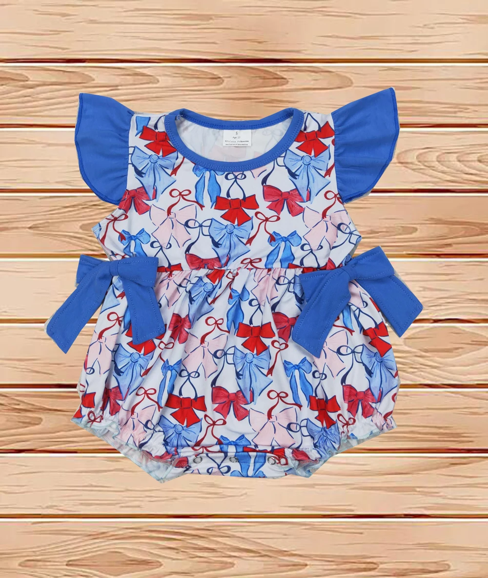 

3.29 Wholesale western boutique Newborn toddler Baby Infant Girls Flutter Sleeves Blue Hot Bows 4th Of July Ruffle Rompers