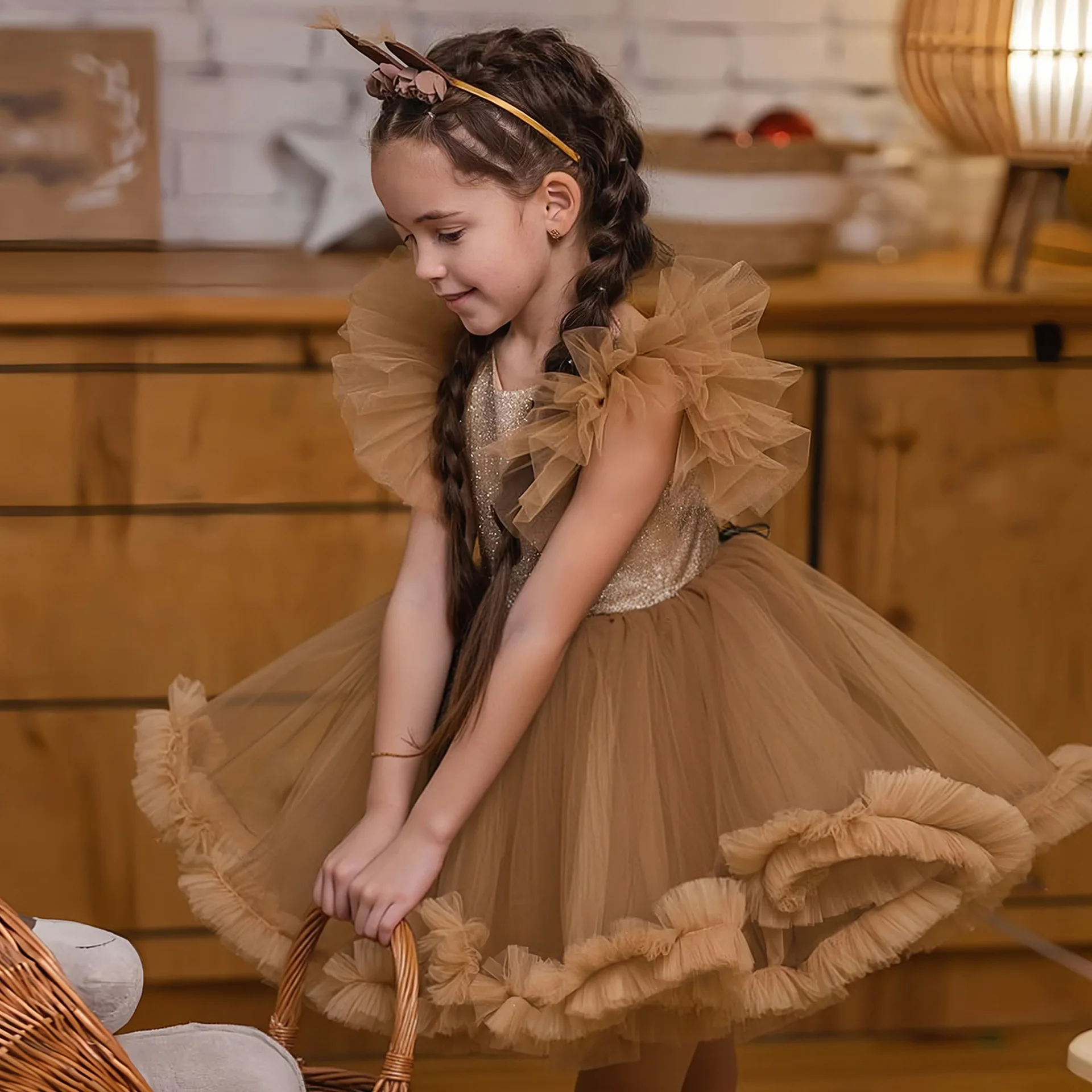 Flying sleeve fluffy mesh dress, birthday party, flower girl wedding dress, princess dress