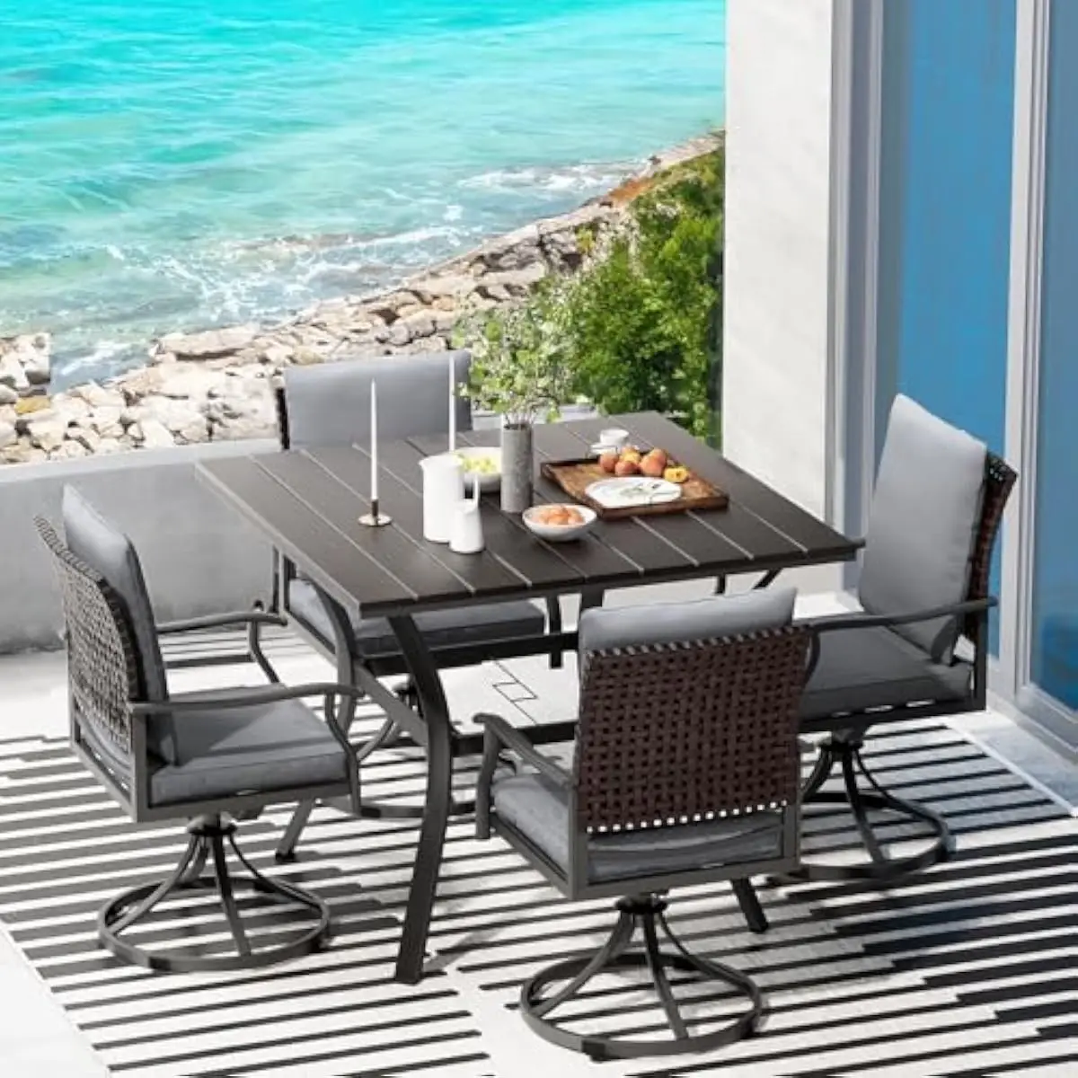 Modern Grey Outdoor Dining Set Featuring 360-Degree Swivel Chairs with Gentle Rocking Functionality and Ergonomic Back Support P