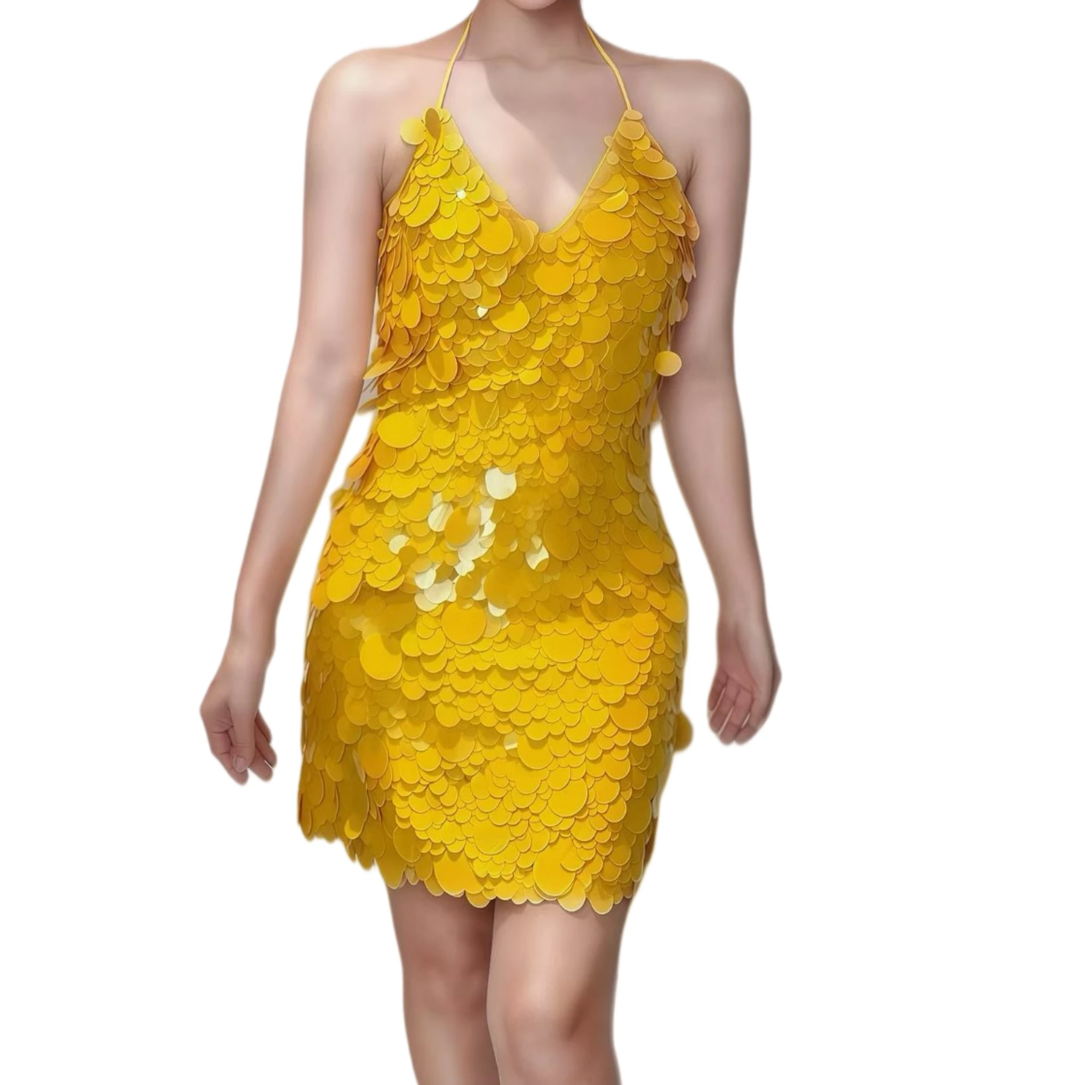 

Yellow Halter V Neck Sequined Mini Dress Women Nightclub Party Dance Show Outfit Evening Club Bodycon Cocktail Dress Huangdou