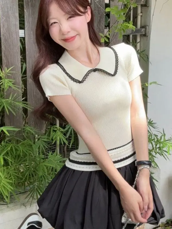 

Fashionable Knitted Short Sleeve T-Shirt Women's Doll Collar Color Block Outerwear Casual Versatile Spring Summer Top