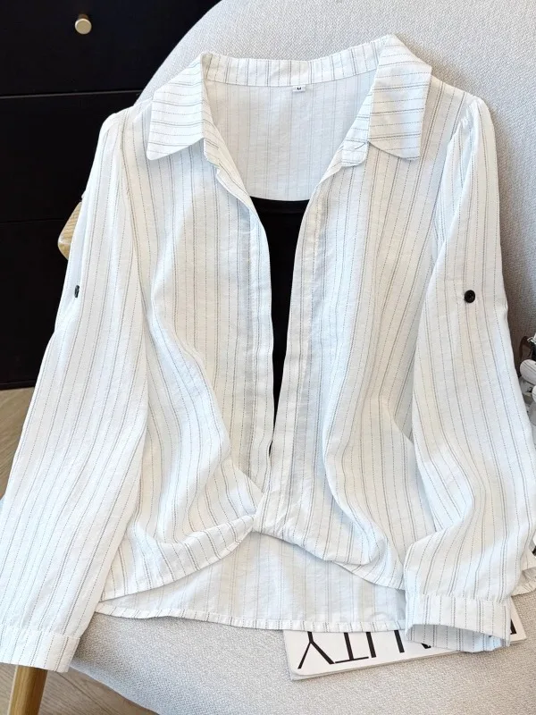 

Slimming Effectiveness Spring Autumn Fashionable Striped Patchwork Long Sleeve Shirt Women's Elegant Style Straight Cut Shirt