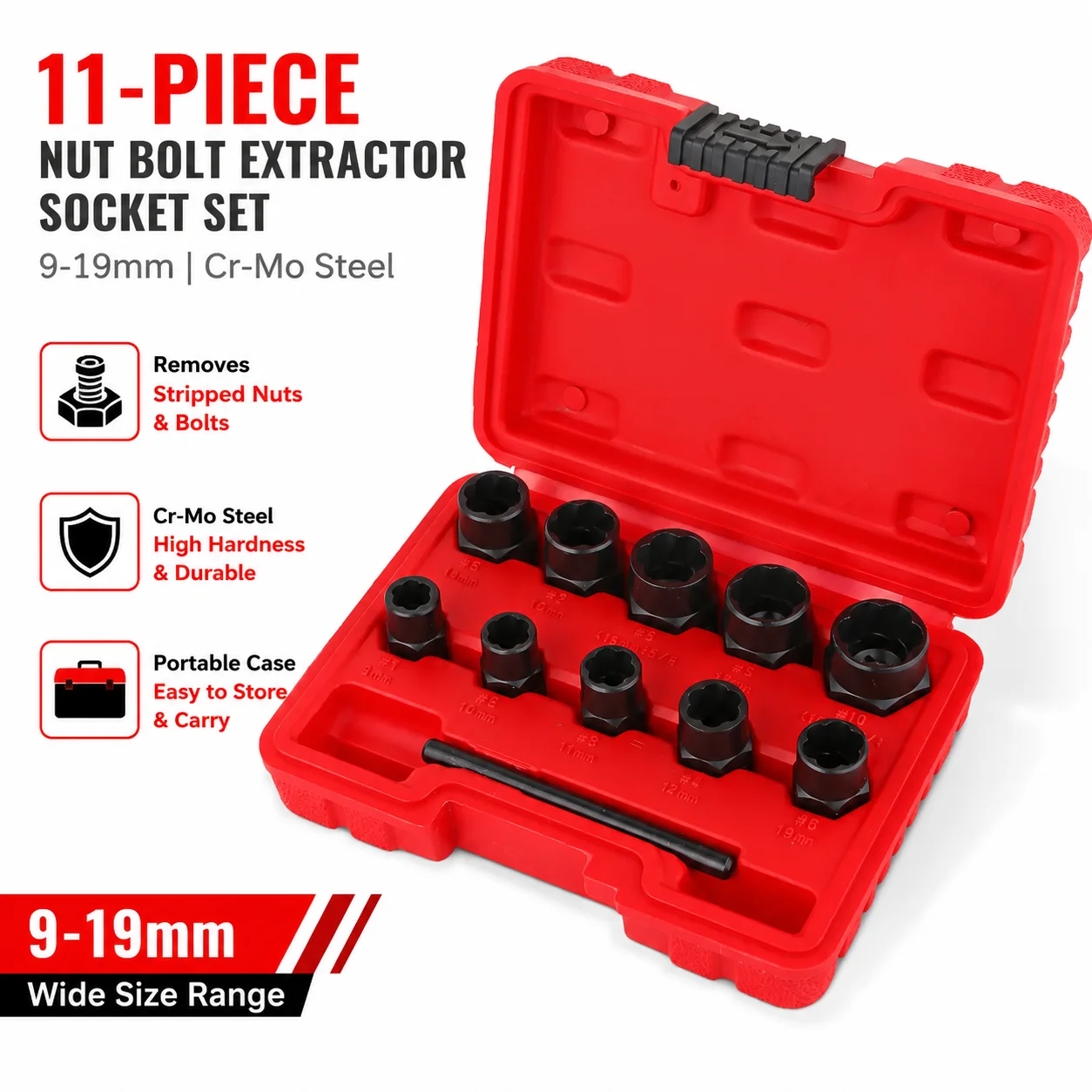 

Automotive Hand Repair Tool Set, 11-Piece 9-19mm Cr-Mo Steel Nut Bolt Extractor Stripped Screw Remover Socket Kit